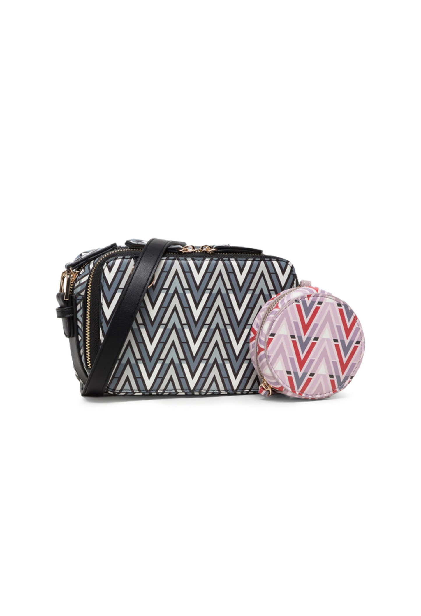 Studio image of the Valentino TONIC-VBS69904 patterned black across-body bag with geometric design and coin pouch.
