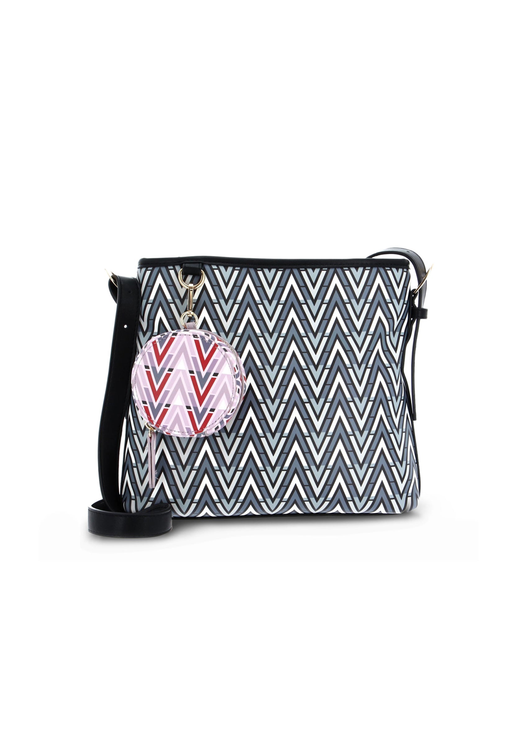 Side-angled studio shot of the Valentino TONIC-VBS69906 patterned crossbody bag with adjustable strap and coin pouch.