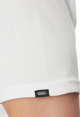 Close-up detail of the logo tag on the white Vans VN000QN8YB21 T-shirt hem.