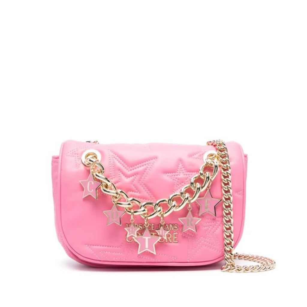 Front view of the Versace Jeans 75VA4BC1_ZS806 pink crossbody bag with gold star-charm chain.