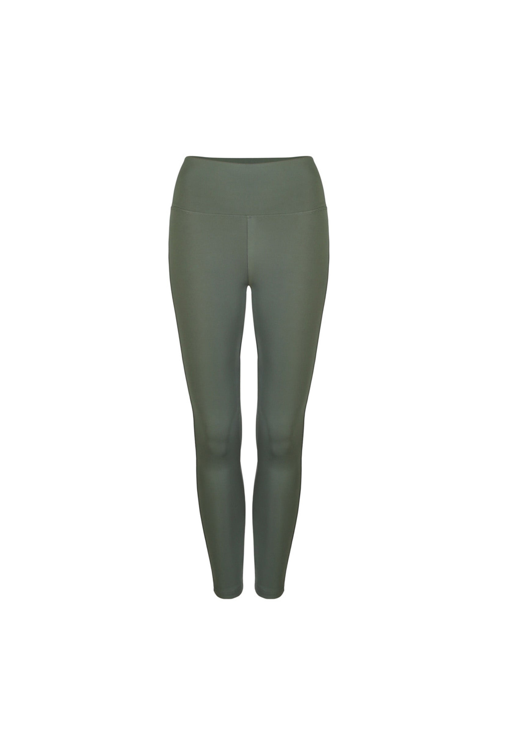 Women's microfiber compression leggings in green, flat lay view.