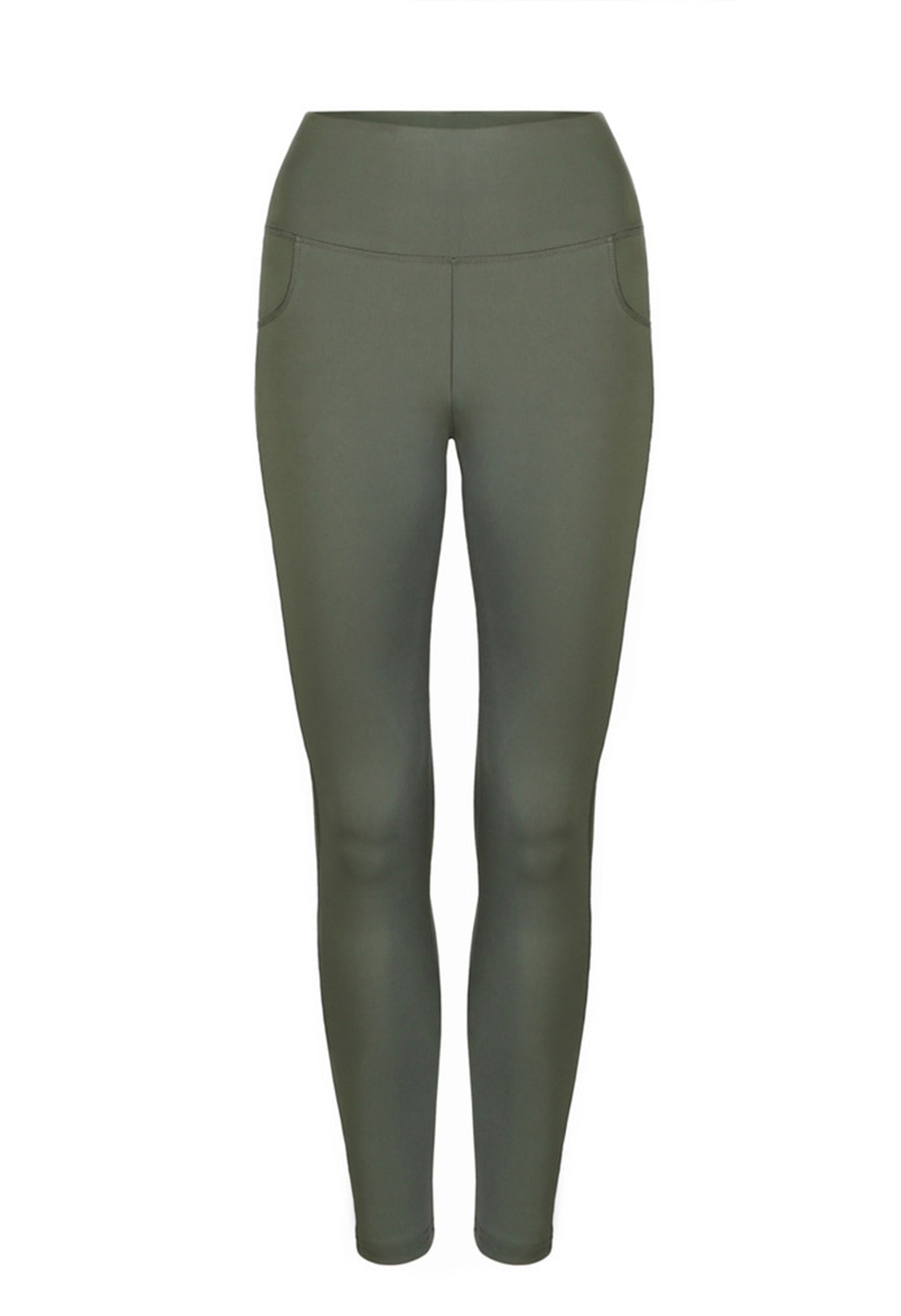 Women's microfiber compression leggings in green, flat lay view.