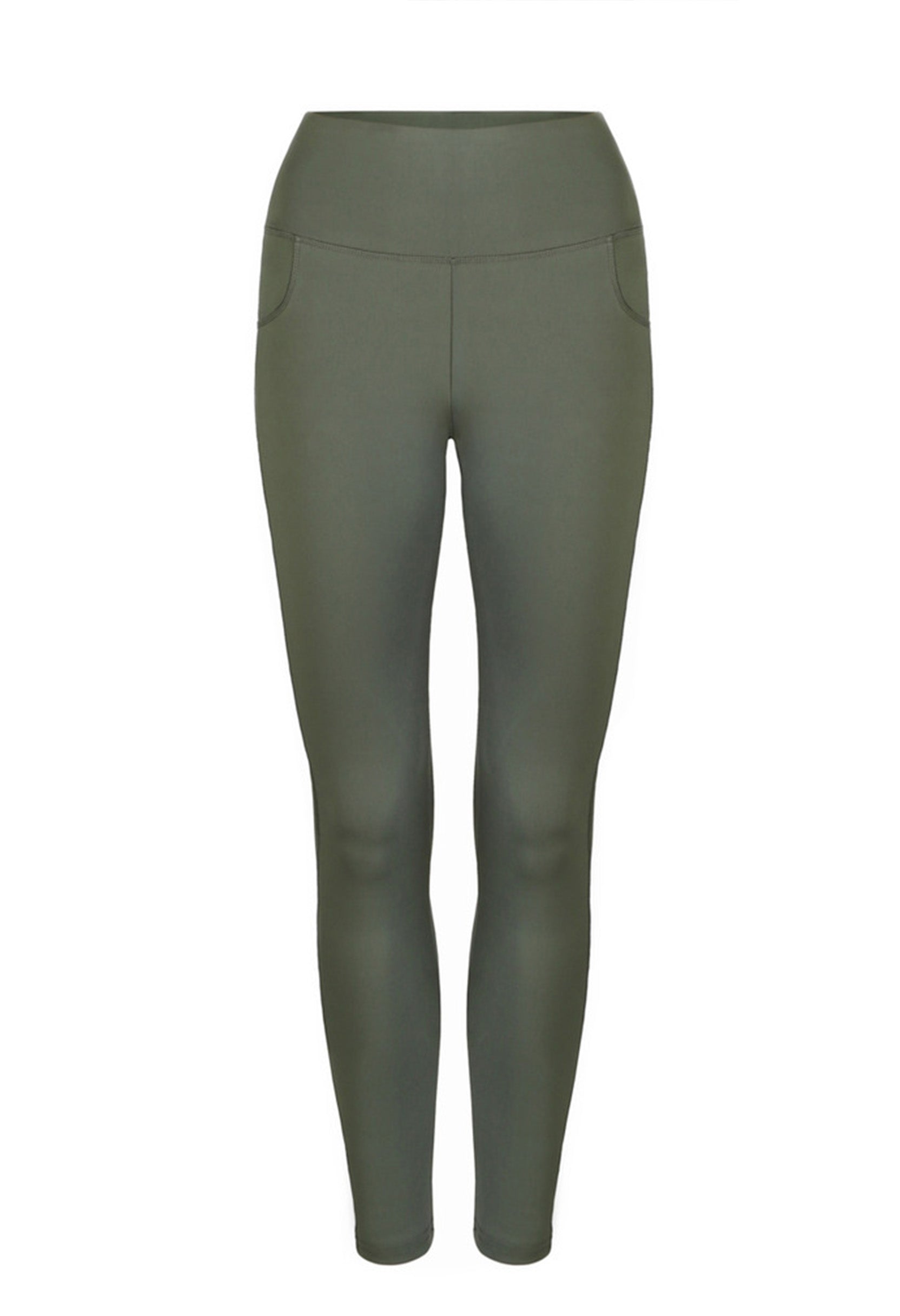 Women's microfiber compression leggings in green, flat lay view.
