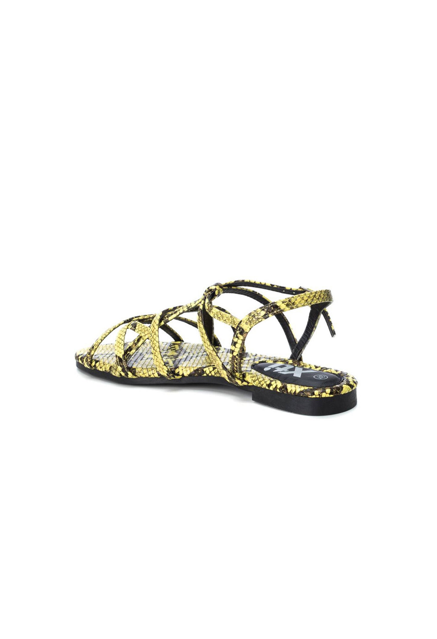 Paired view of the yellow Xti sandals showing the open-toe and strappy design.