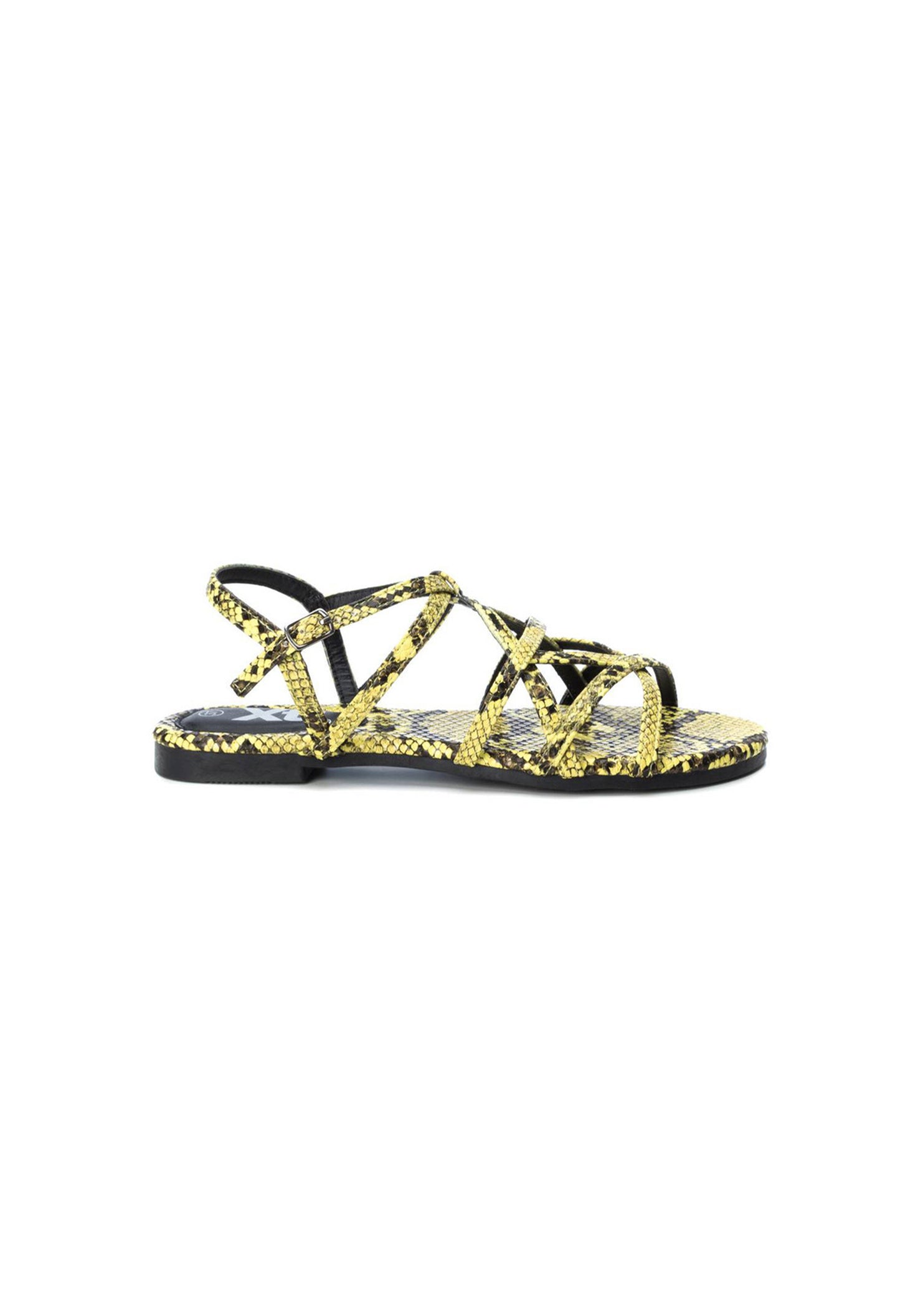 Side view of the yellow Xti 49578 sandals showing the multi-strap upper and flat sole.